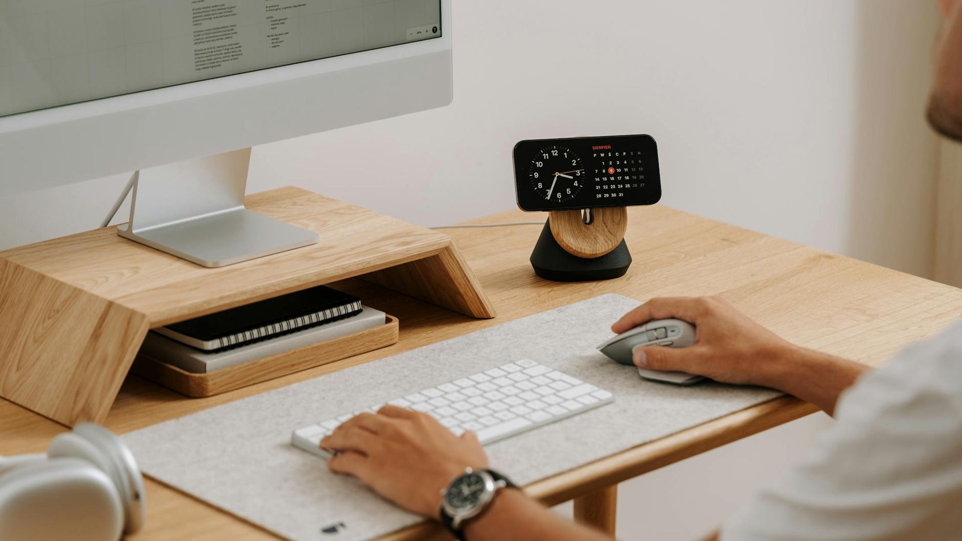 Minimalist calm workspace with soft morning light on the desk.